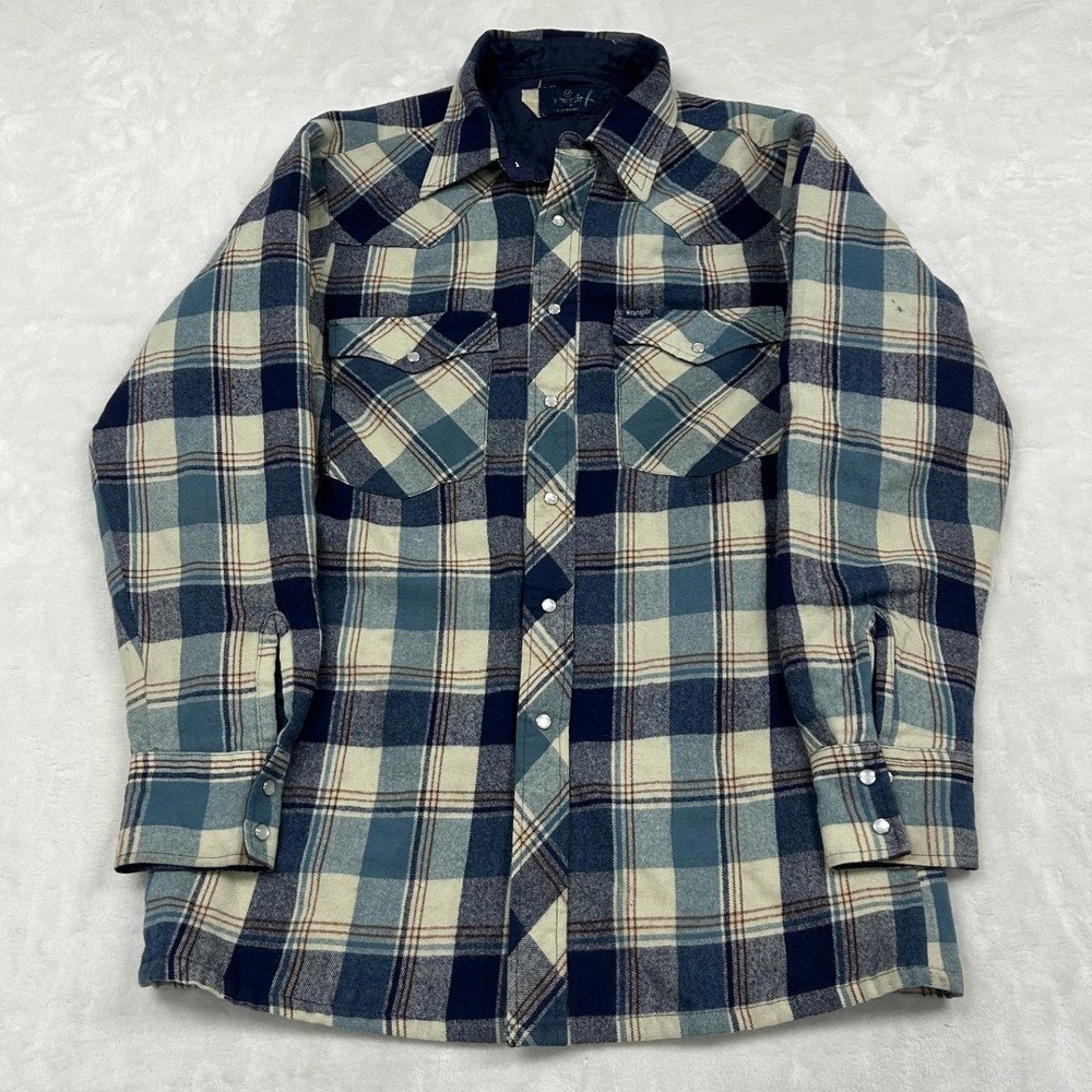 Wrangler Flannel Shirt Mens Medium Blue Plaid Quilted Lined Western Pearl Snap